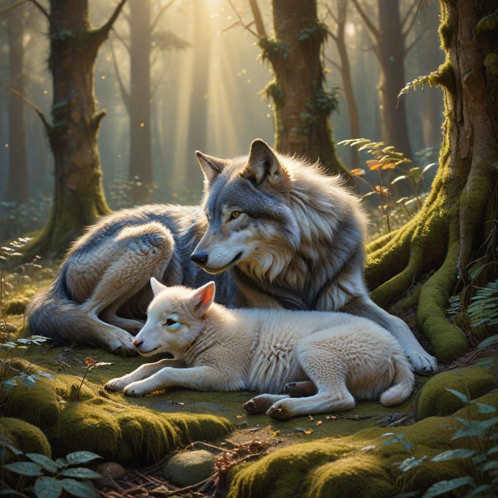 Grey Wolf Sleeps With Lamb in Ethereal Forest Light