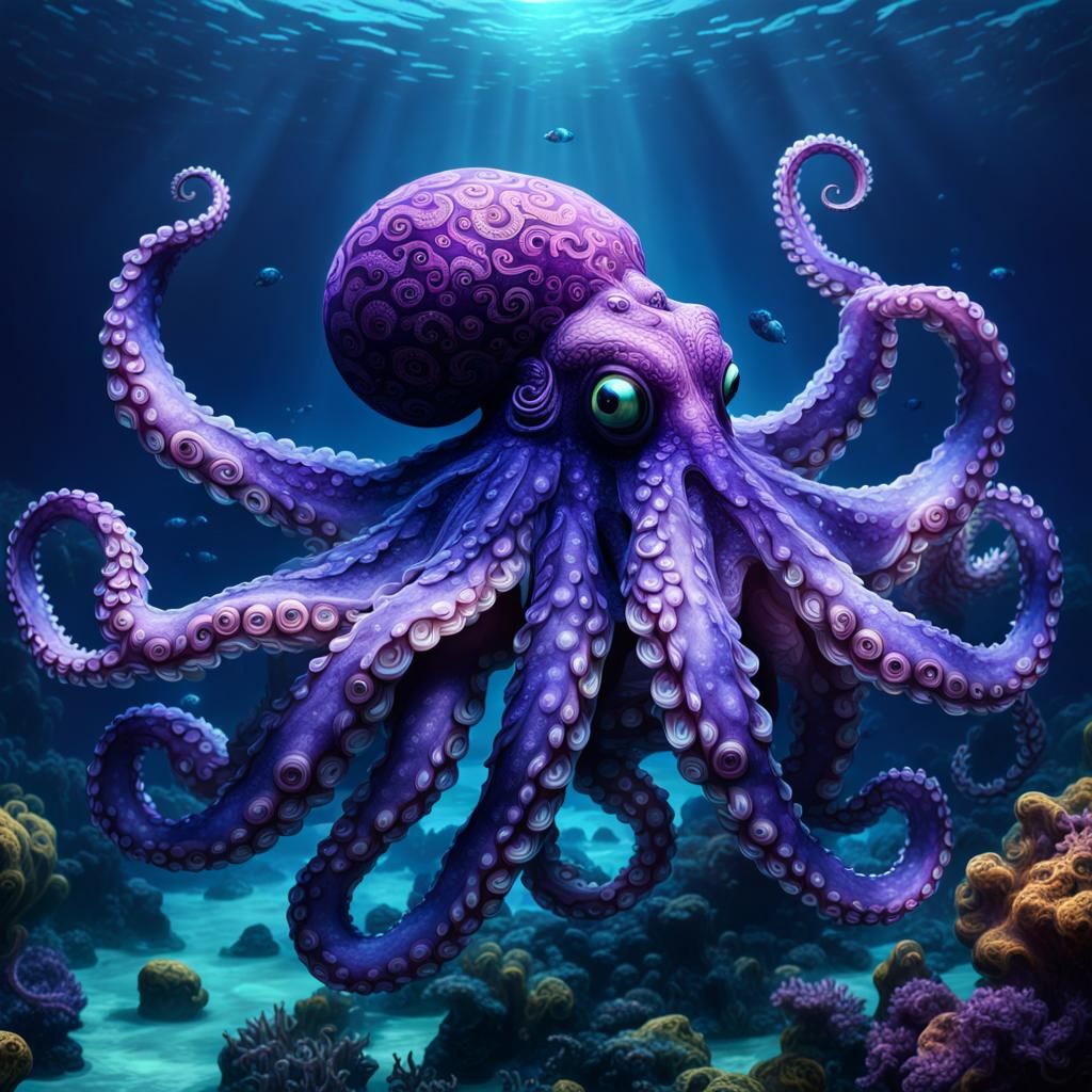 Ornate Dark Purple Octopus in Deep Sea