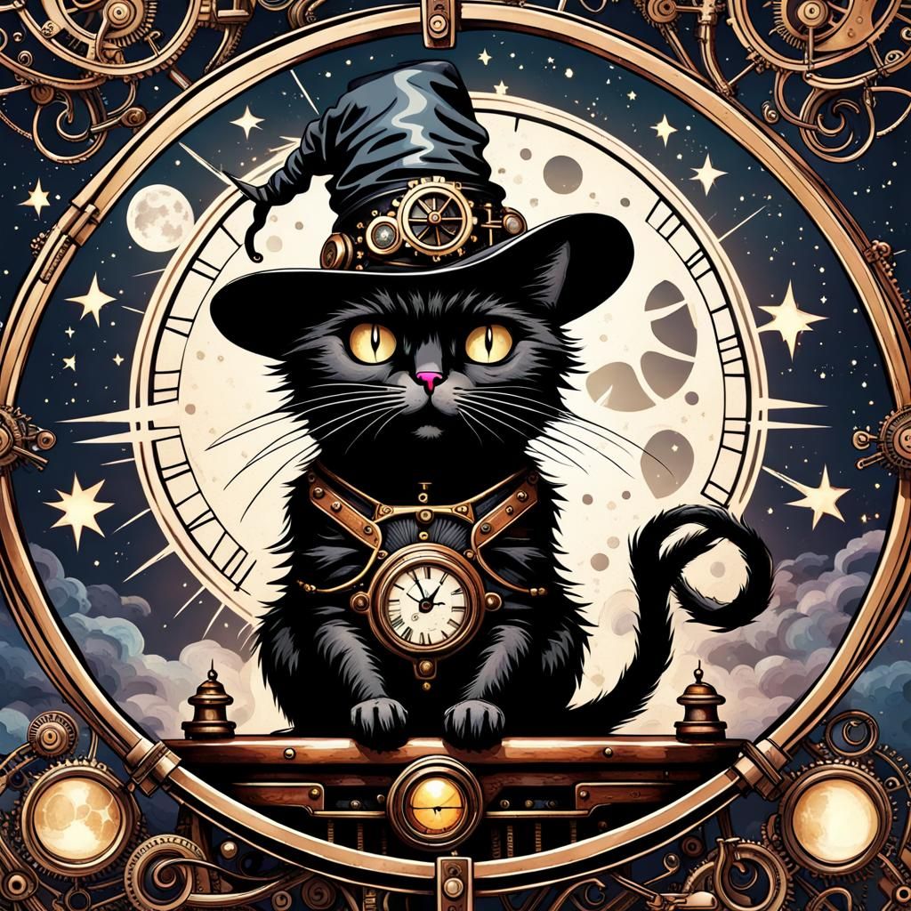 Steampunk Cat Under Starry Moonlit Sky