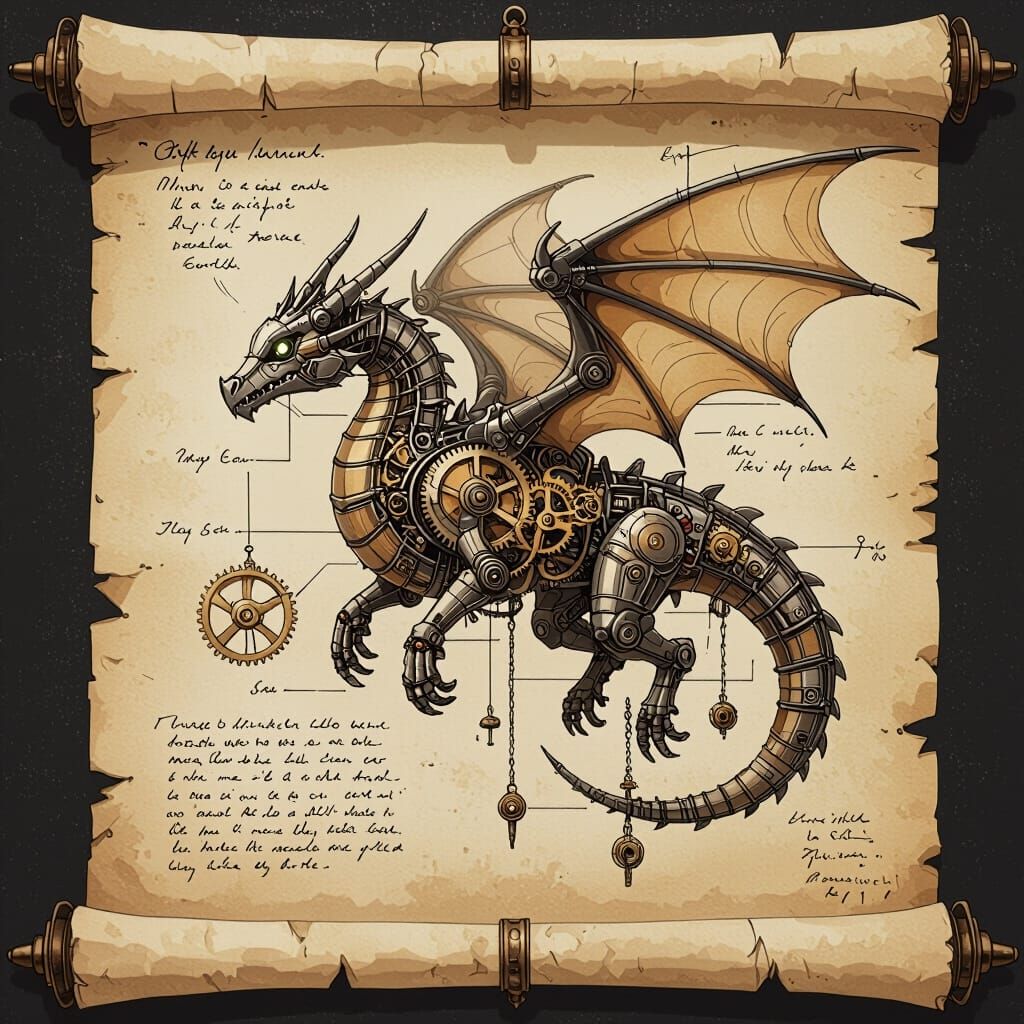 Clockwork Dragon Schematic on Parchment Scroll
