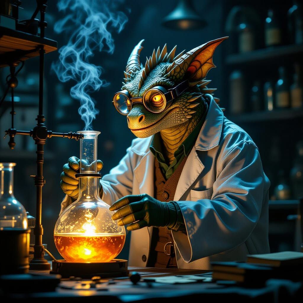 Kobold Scientist in Dim Lab with Bubbling Alembic