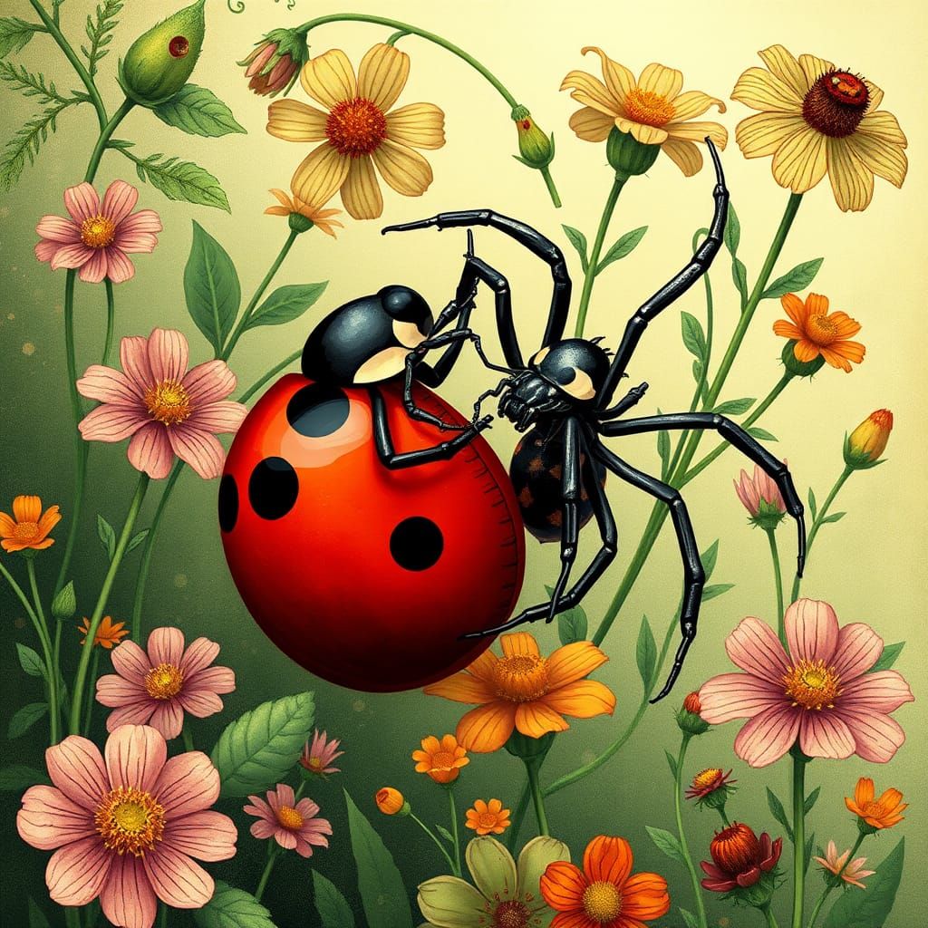 Ladybug and Spider Dance in Art Nouveau Style