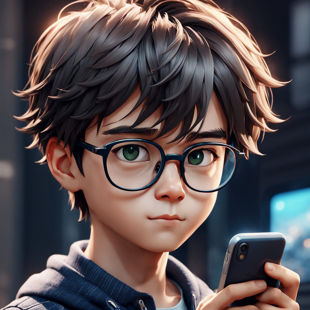 Vibrant Digital Anime Portrait of a Boy with Smartphone
