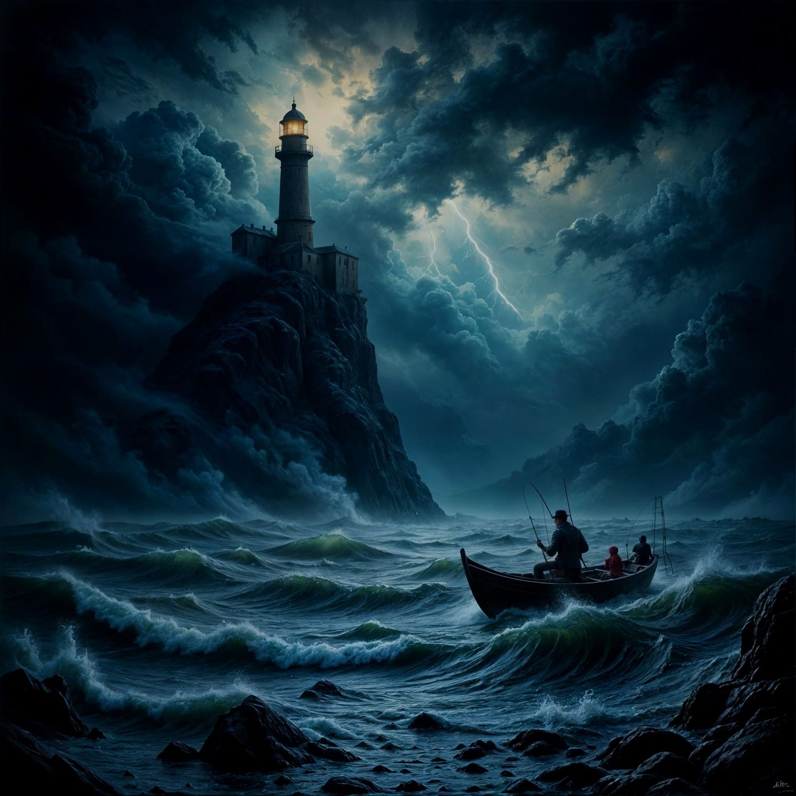 Fisherman Battles Stormy Seas Under Lightning Sky