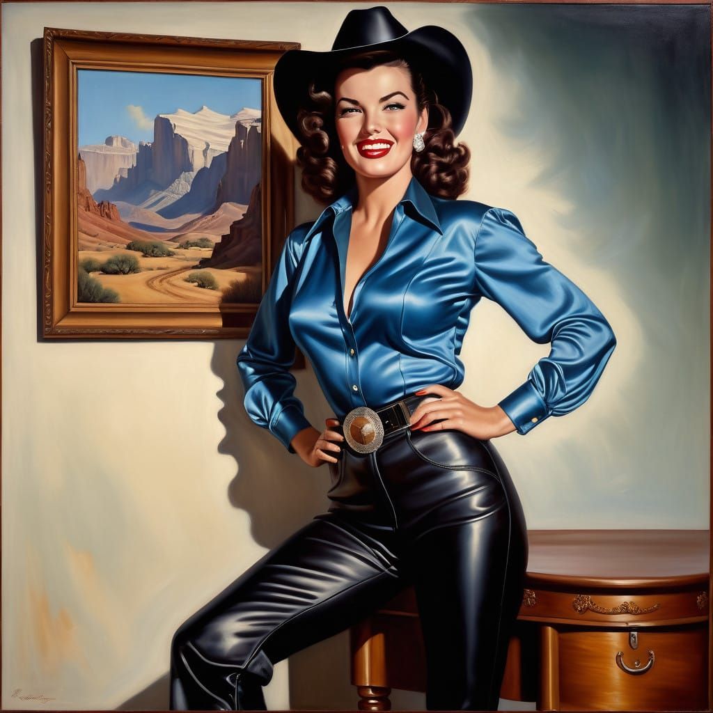 Playful Western Pin-Up in Oil Painting Style