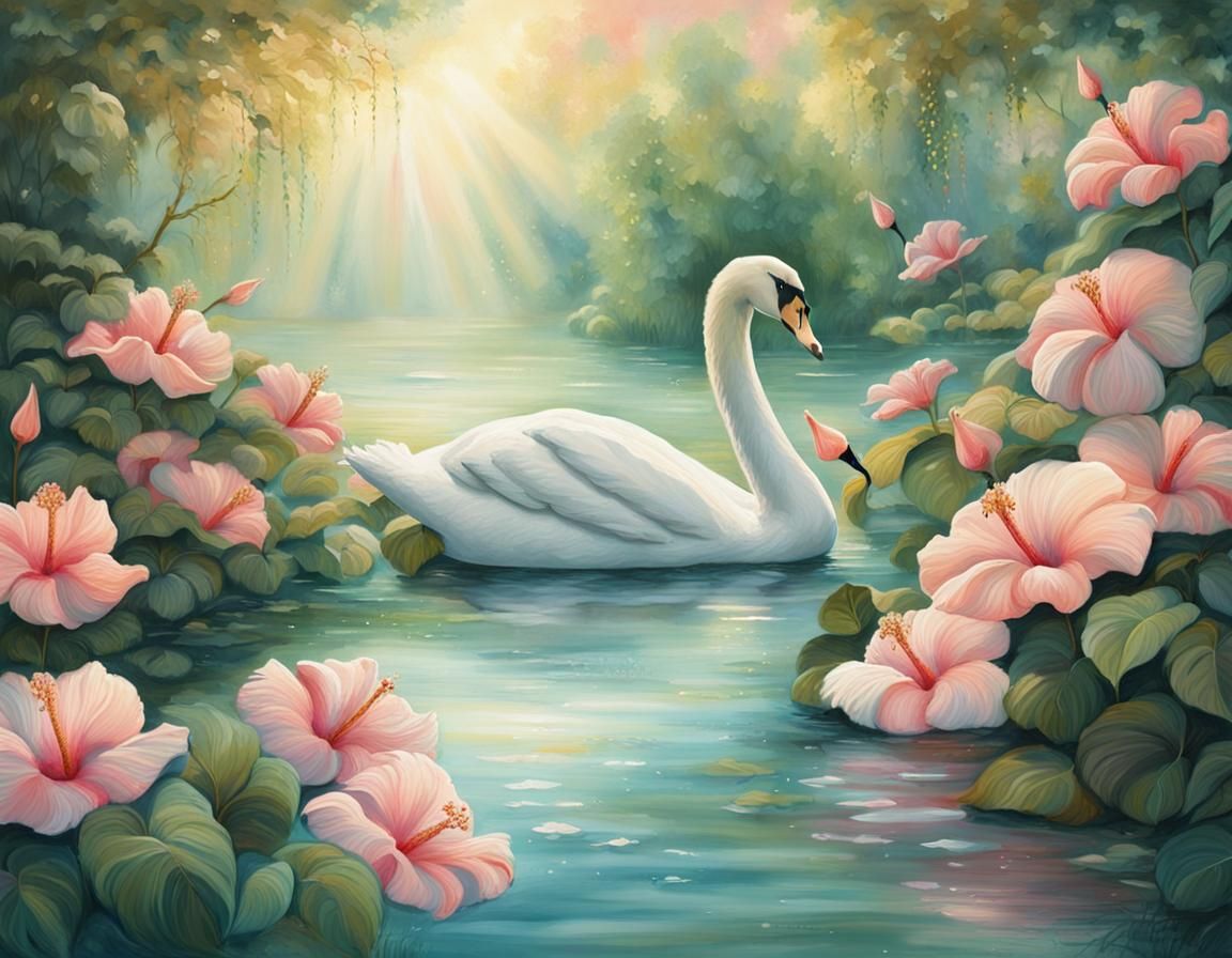 Swan in Dreamlike Garden with Hibiscus Flowers