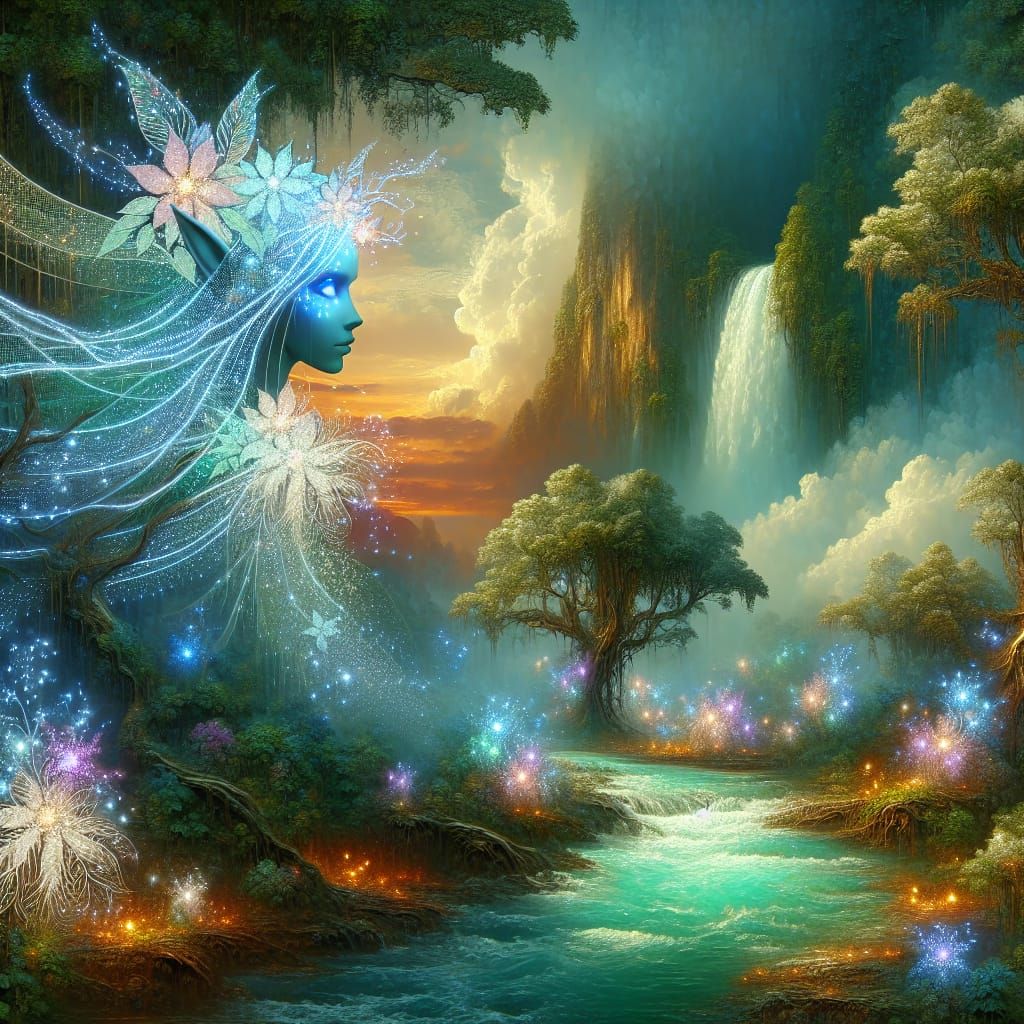 Enchanted Jungle Waterfall with Luminous Elf Woman