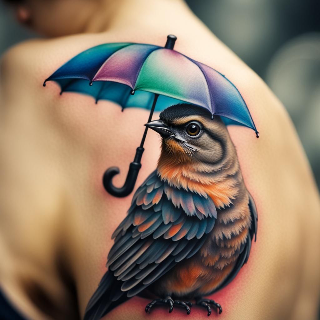Bird with Umbrella Tattoo Design