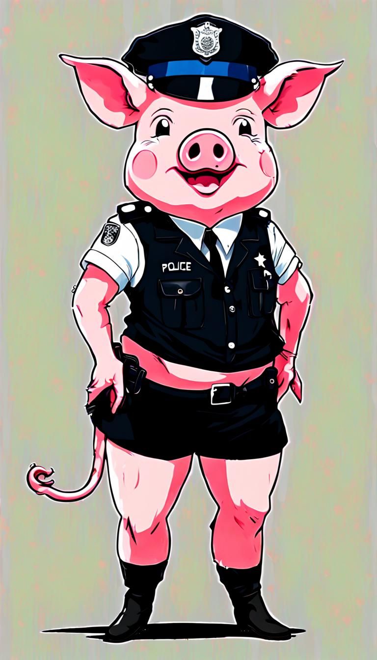 Pink Pig in Police Cap: Anime-Style Artwork