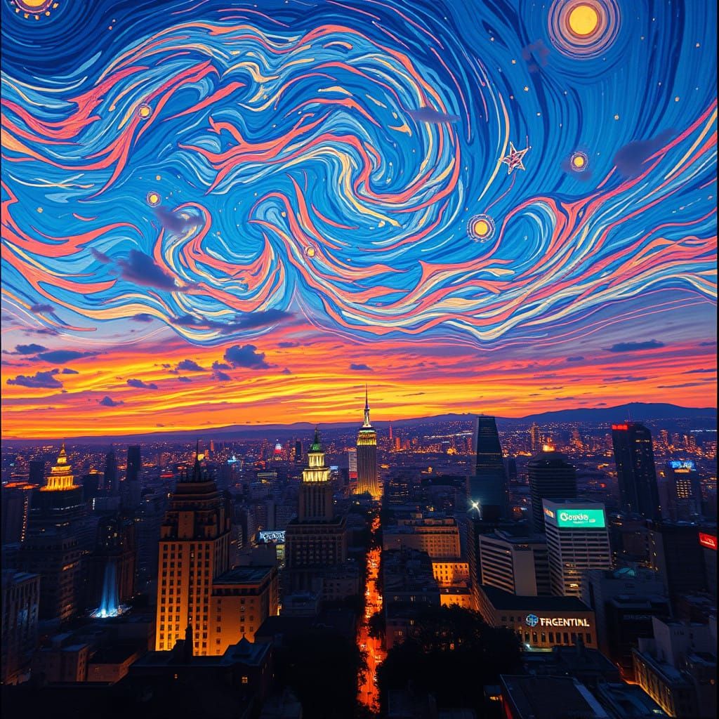 Whimsical Cityscape Dreamscape in Vibrant Impressionist Cybe...