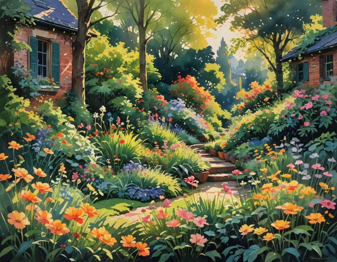 Impressionist Garden Scene at Golden Hour