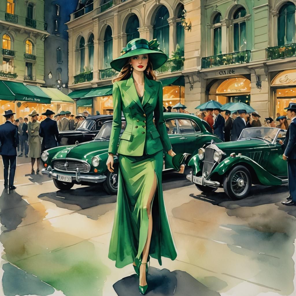 Elegant Woman in Green, Watercolor Art Deco Style