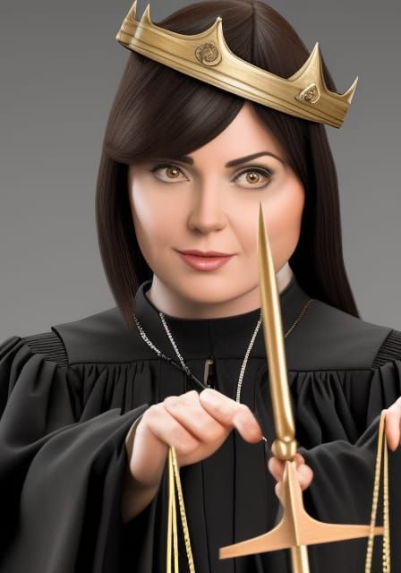 Black haired Realistic Medieval female Judge holding scales of justice