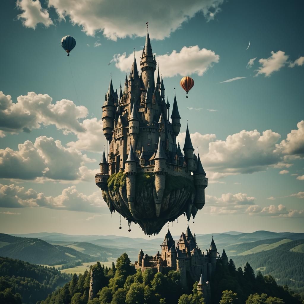 Floating Wizard Castle in Atmospheric Cinematic Style