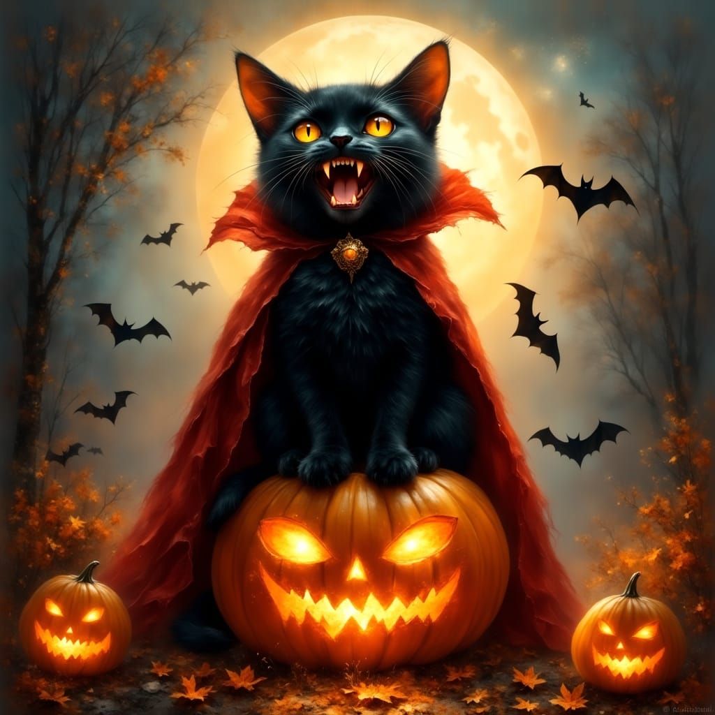 Vampire Cat on Glowing Pumpkin Under Full Moon