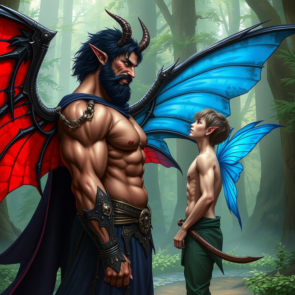 Muscular Red-Skinned Fairy with Glowing Blue-Winged Friend