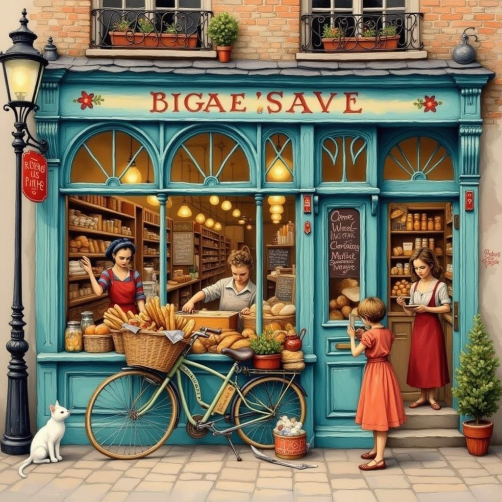 Surreal Bakery Scene in Whimsical Style