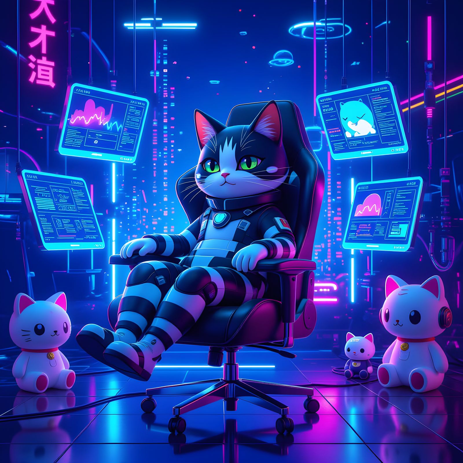 Cyberpunk Cat in Futuristic Neon Apartment