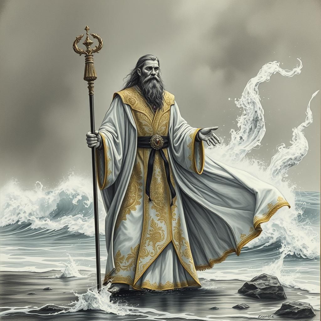 Majestic Genie Commander on Windswept Shore in Dark Fantasy ...