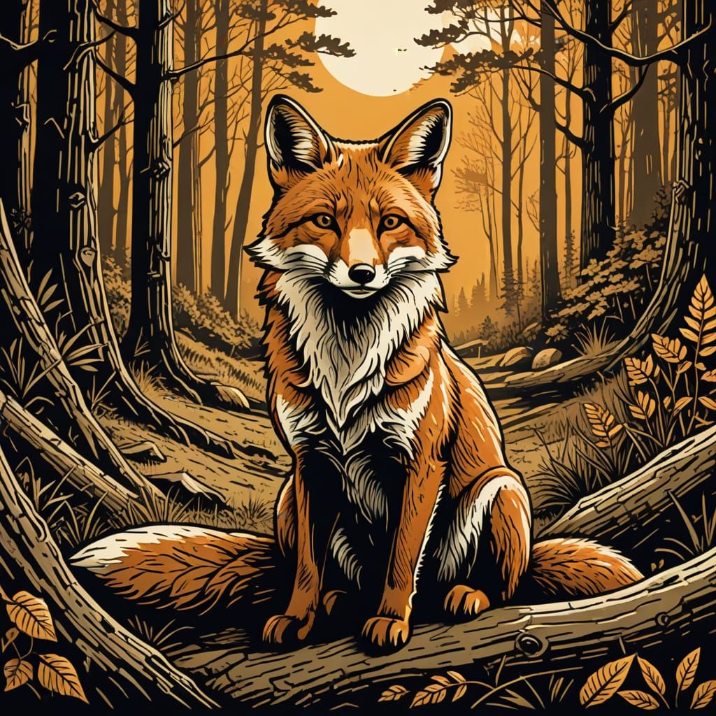 Relaxed Fox in Forest Woodcut Print