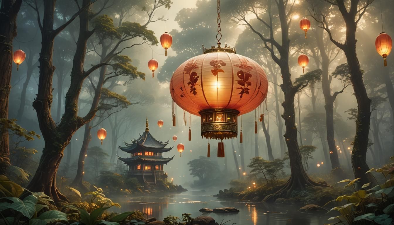 Lantern Spaceship in Misty Forest, Fantasy Art