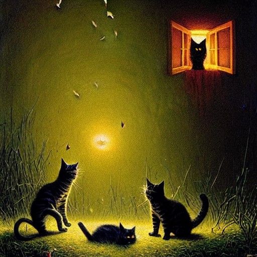 Cats Playing with Fireflies: Hyperdetailed Colorful Art