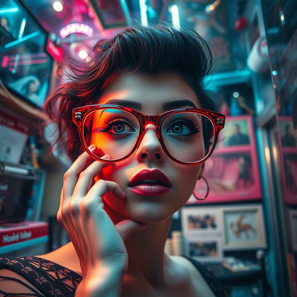 Woman in Red Glasses in Surreal Glass Cube