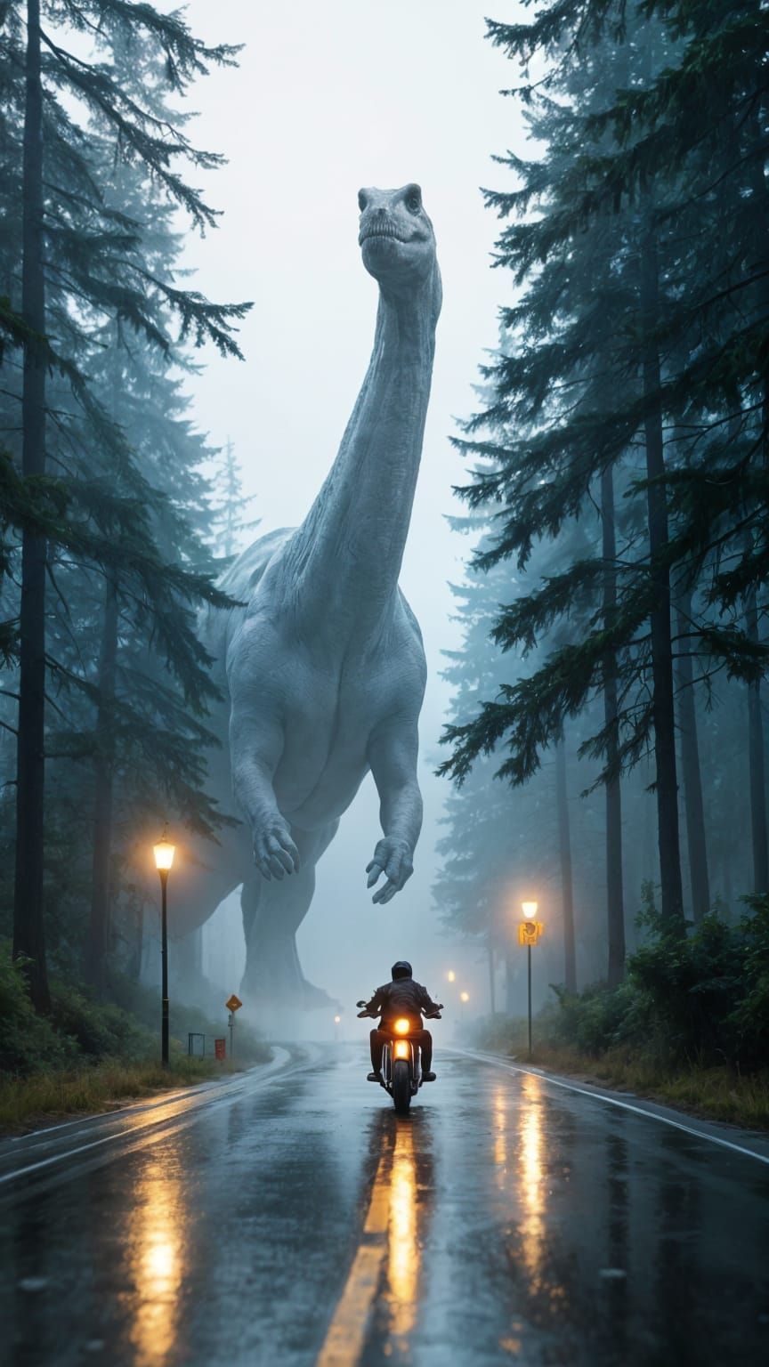 Surreal Motorcyclist Approaches Majestic Brachiosaurus in Mi...
