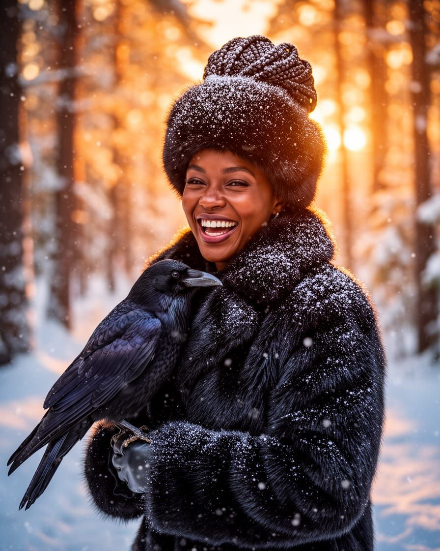 Joyful Woman in Snowy Forest with Raven, Golden Hour Portrai...