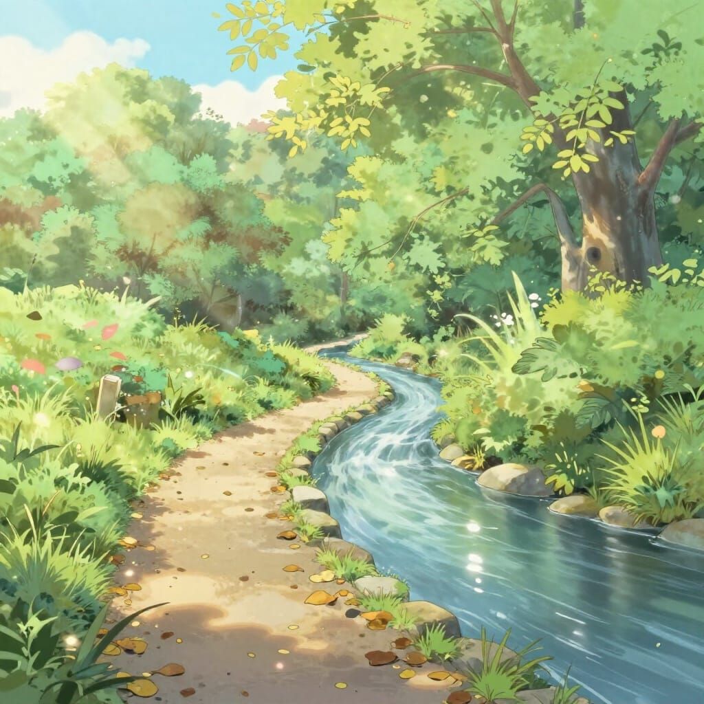 Cozy Lofi Nature Scene in Soft Pastel Anime Style