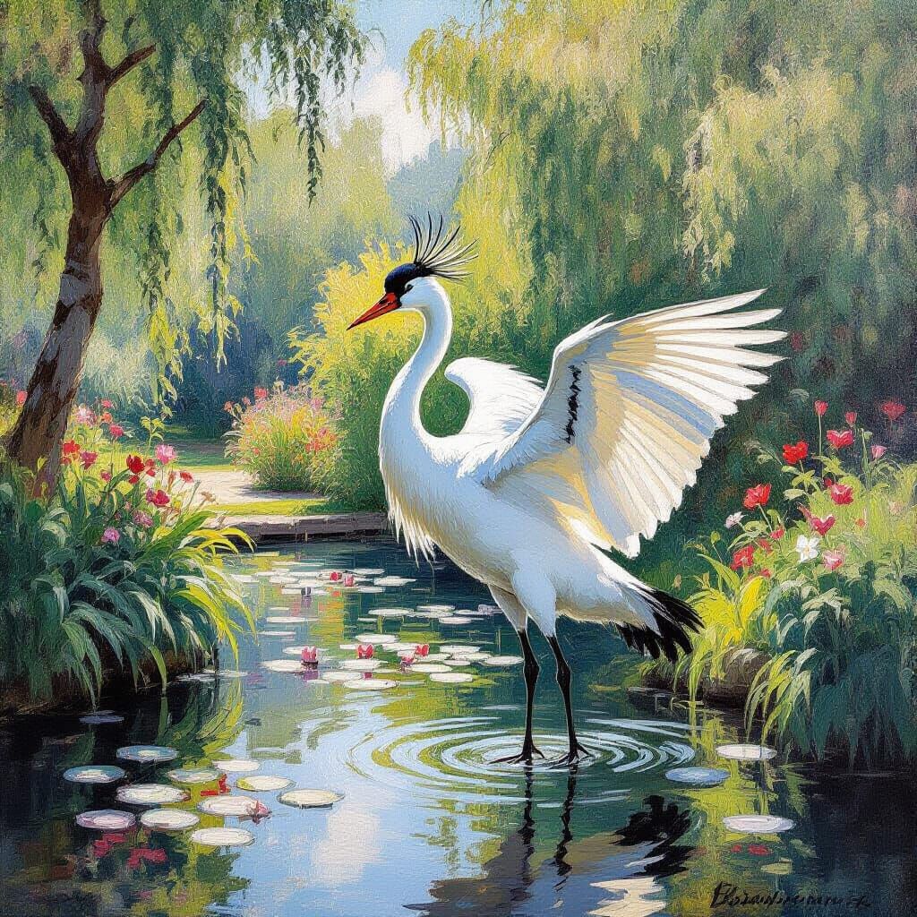Majestic Crane in Impressionistic Garden