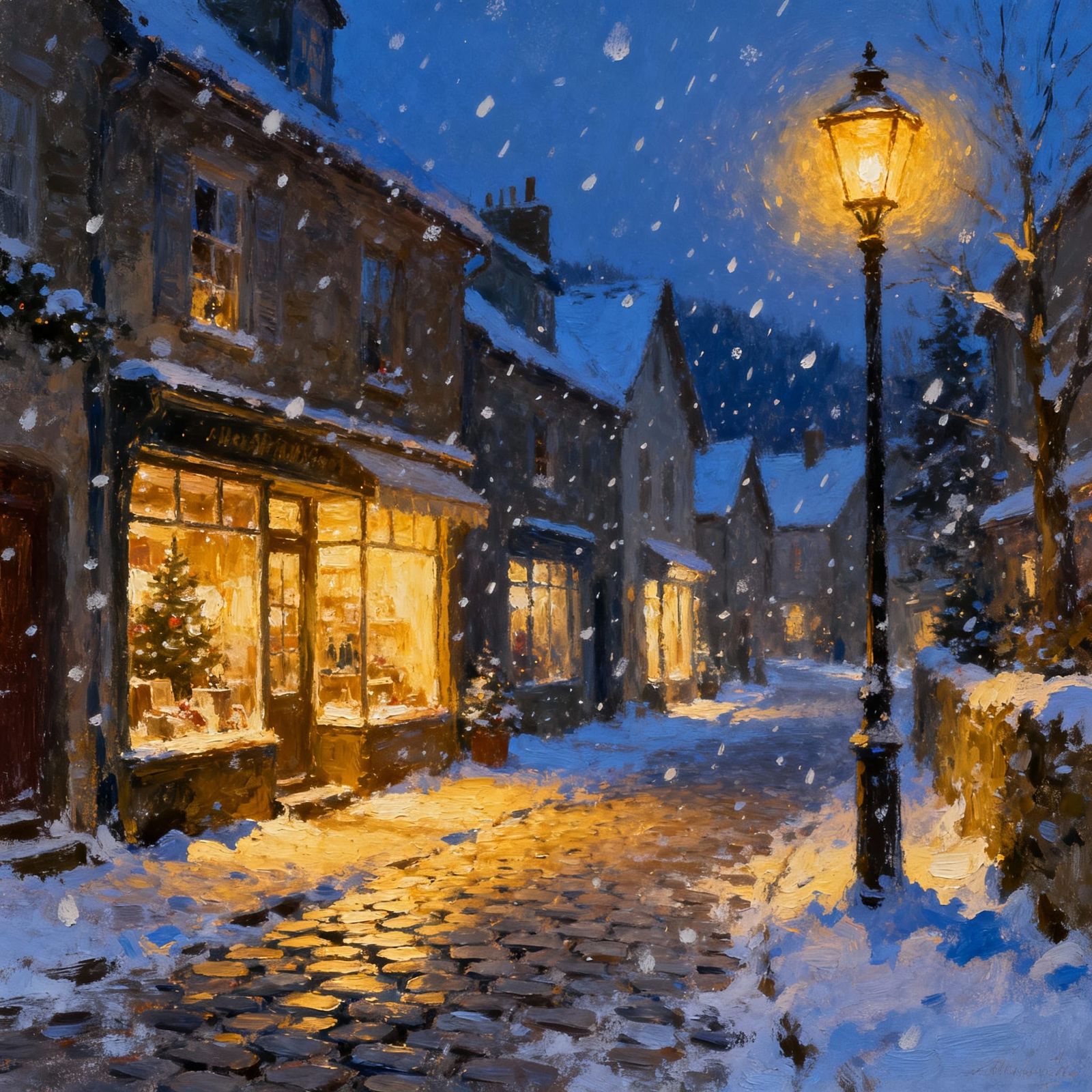 Snowy Village Street at Dusk: Cozy Lights and Falling Snow