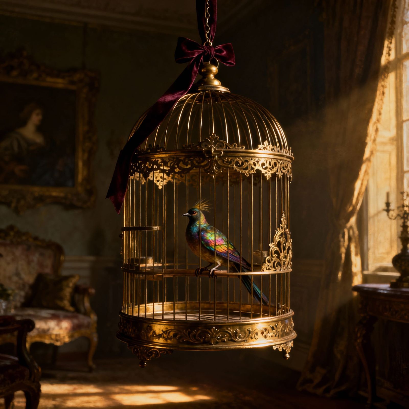 Antique Brass Birdcage in Moody Victorian Parlor