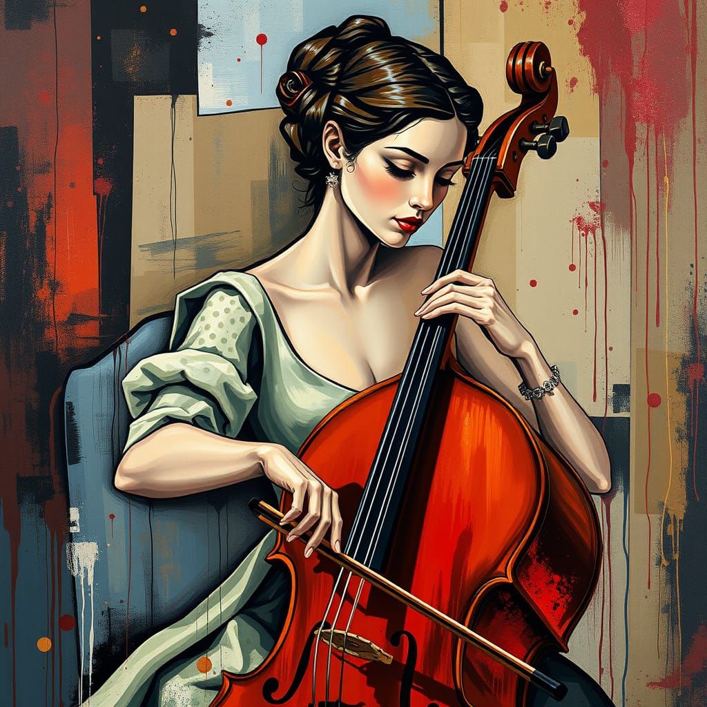 Cubist Woman Playing Cello with Splatter Paint