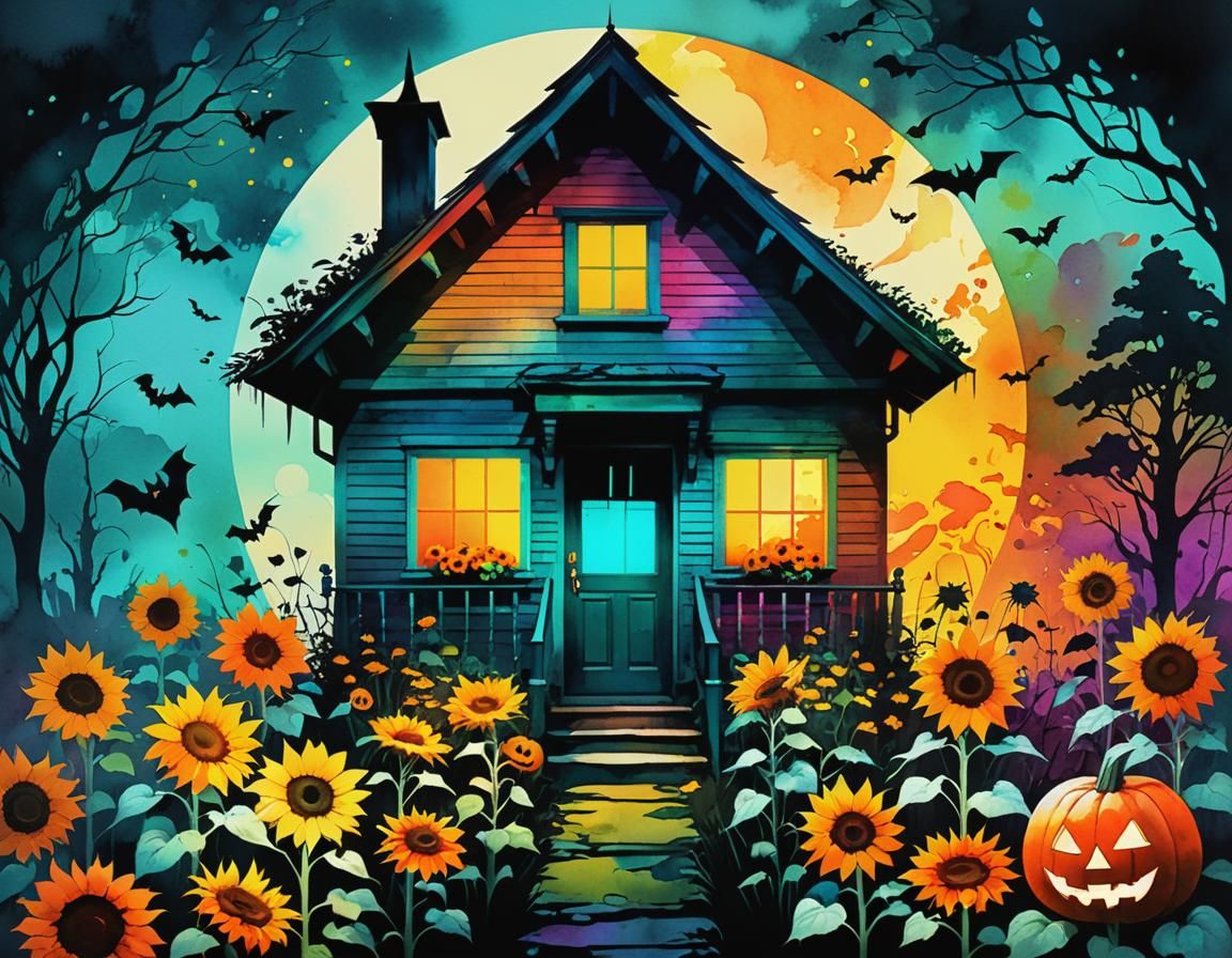 Psychedelic Halloween Garden House in Watercolor Collage