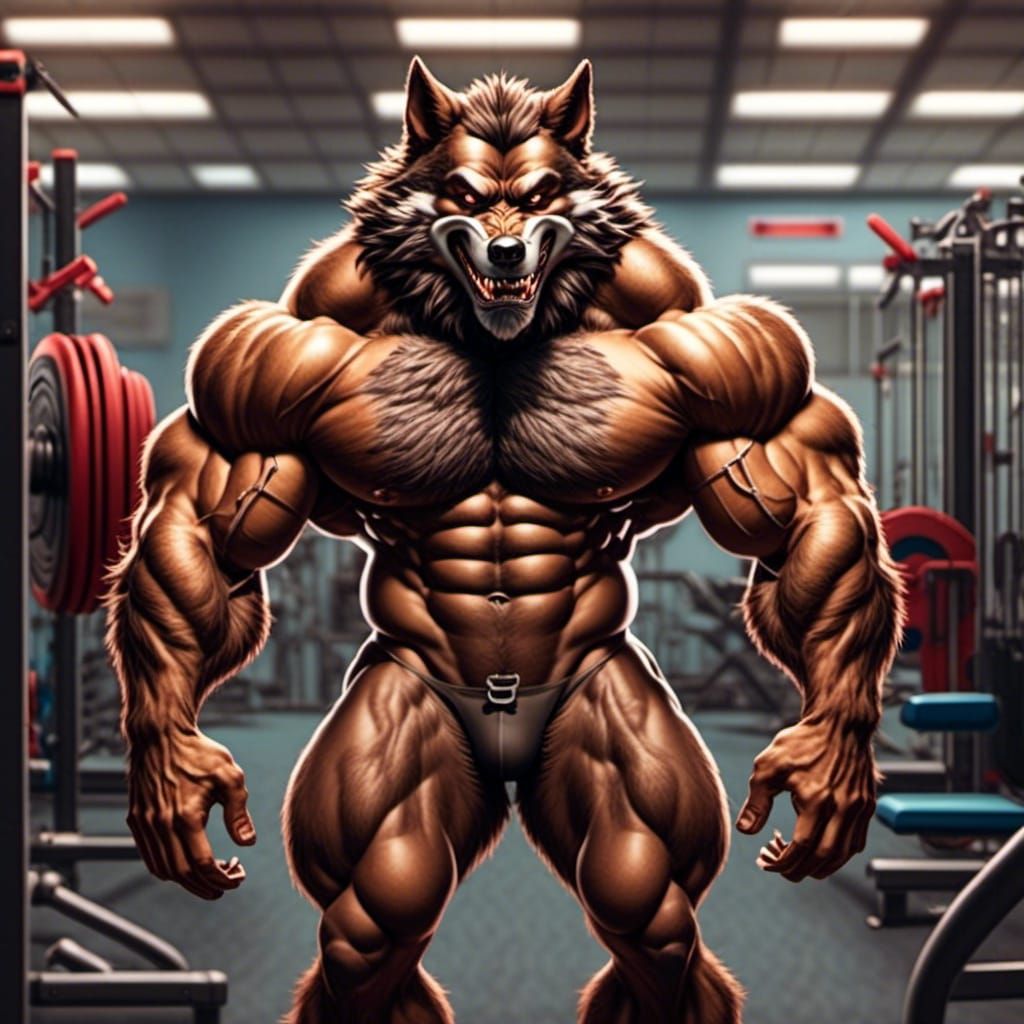 Powerful Werewolf Flexing in Gym, Hyperrealistic Digital Art