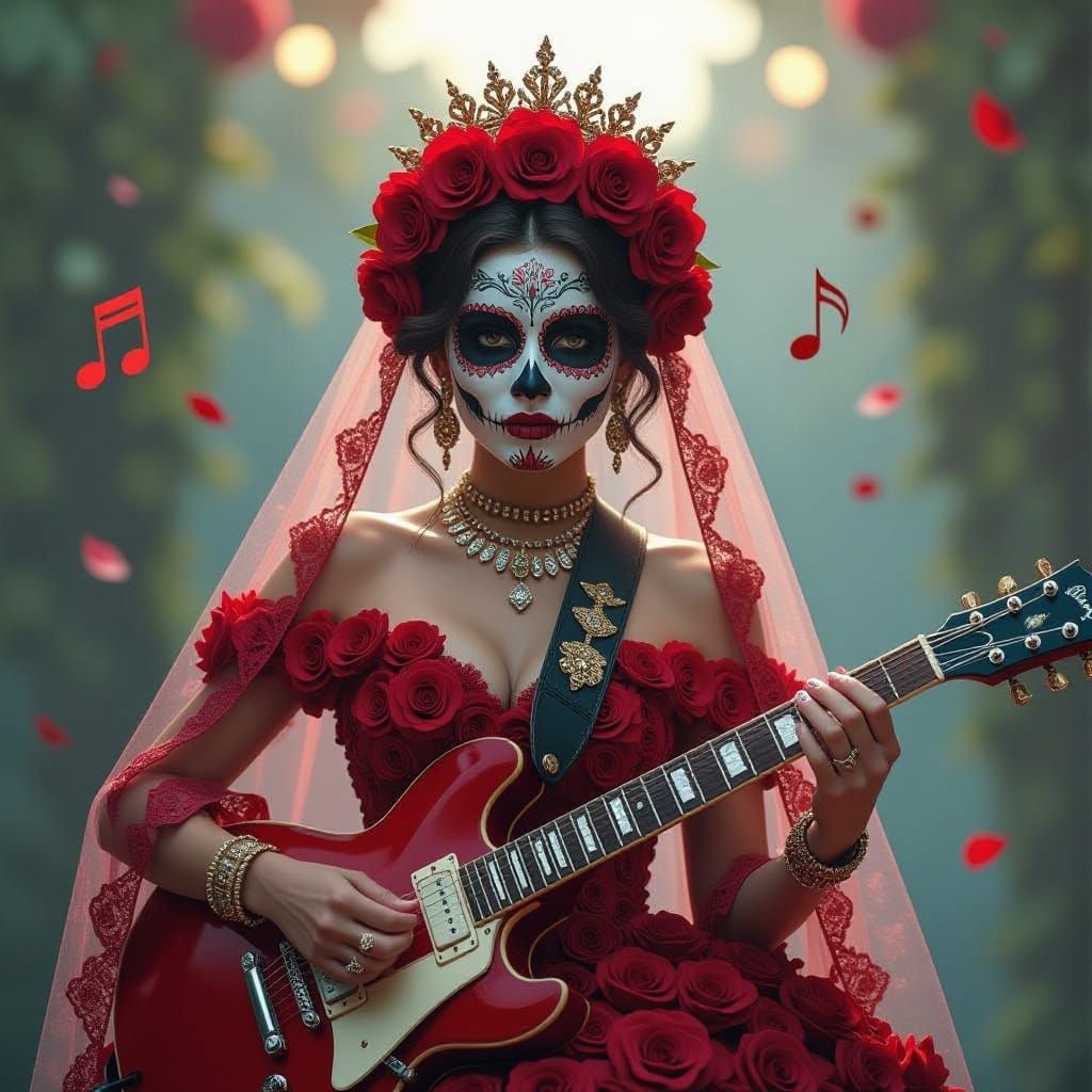 Dia De Los Muertos Guitarist in Rose Crown