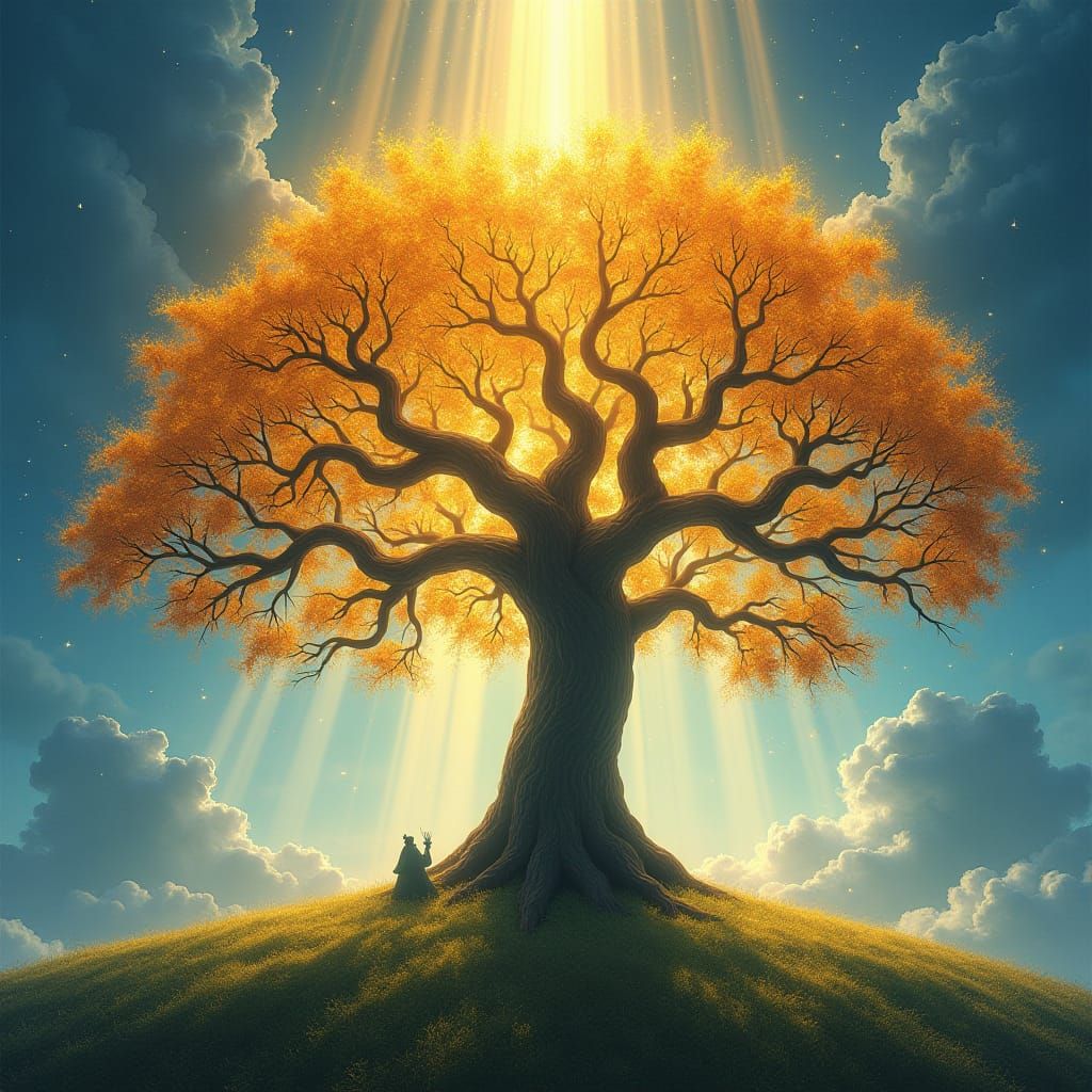 Radiant Tree of Life with Mystical Inhabitants