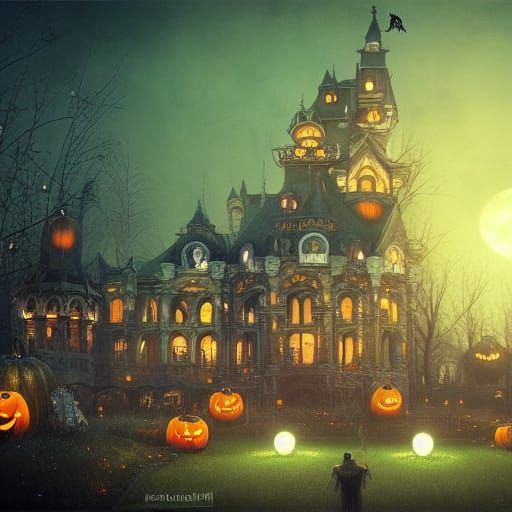 Halloween Theme Park Under Super Moon in Digital Art