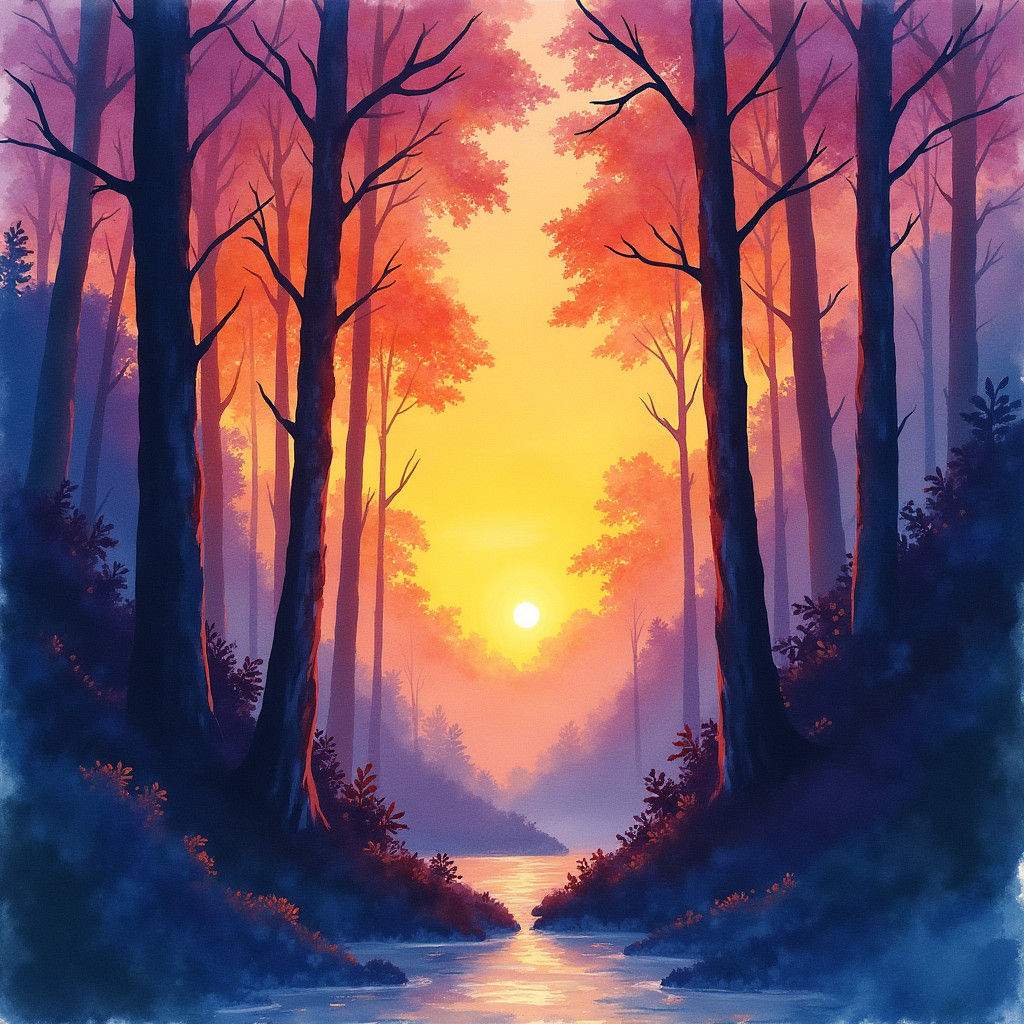 Sunrise Forest Silhouette in Dreamy Watercolor Style