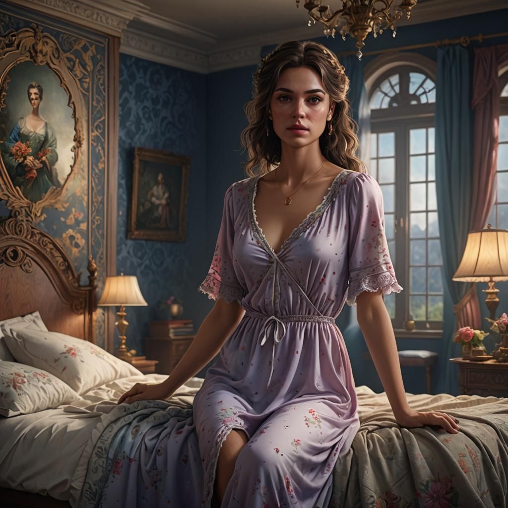 Pretty Woman in Nightie: Detailed Matte Painting