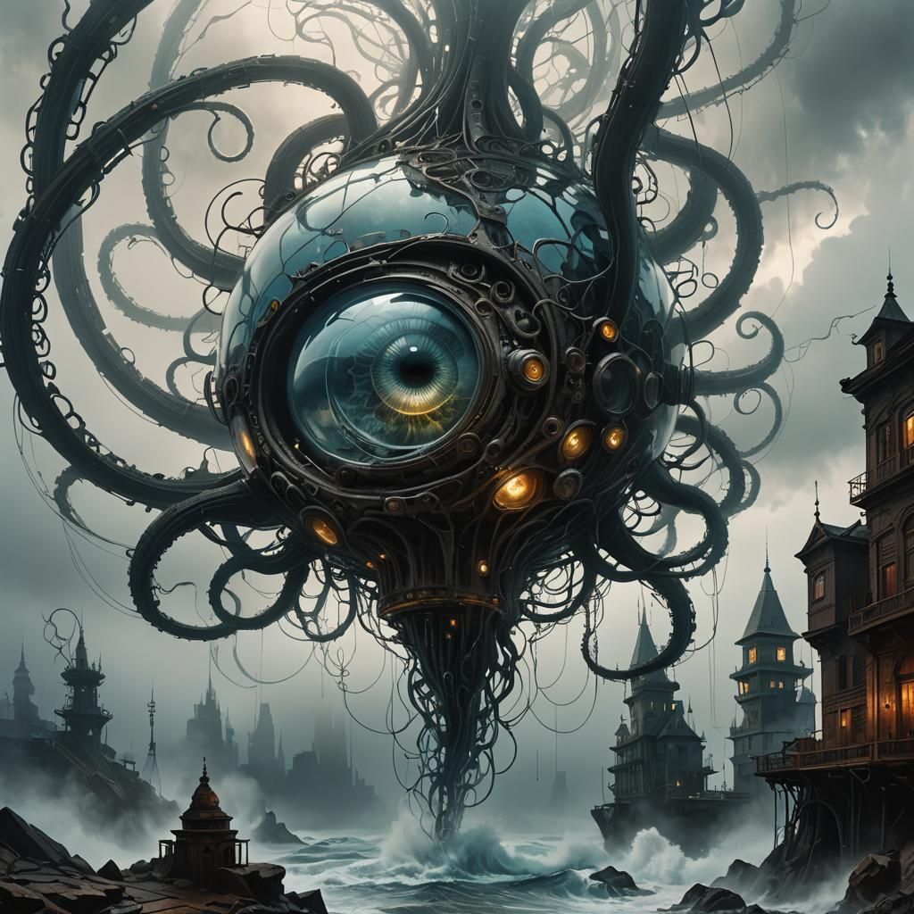 Eerie Glass Sculpture with Mechanical Tentacle, Dark Sci-Fi