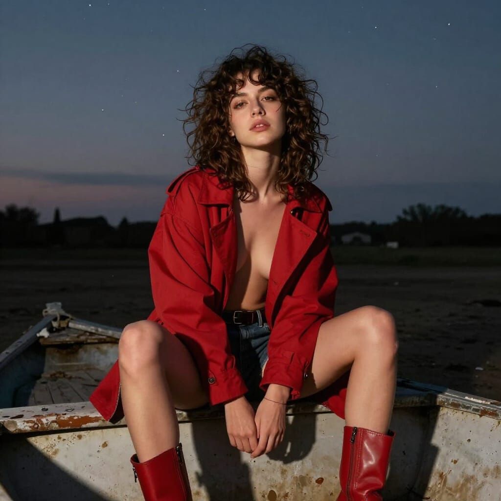 Woman on Deserted Boat Under Starlight Evening