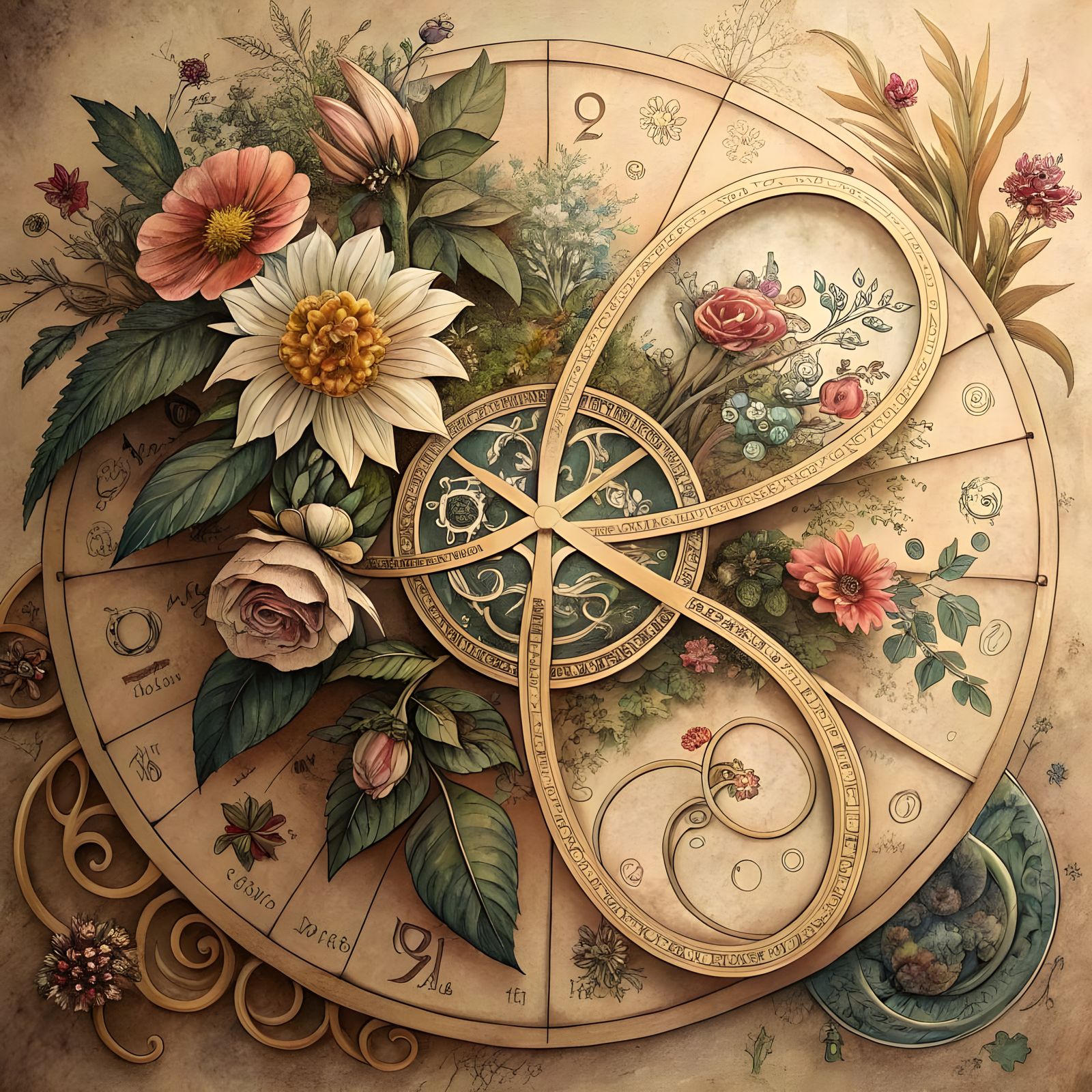 Surreal Floral Astrolabe on Parchment