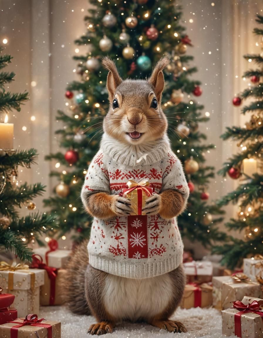 Squirrel in Christmas Sweater with Gift