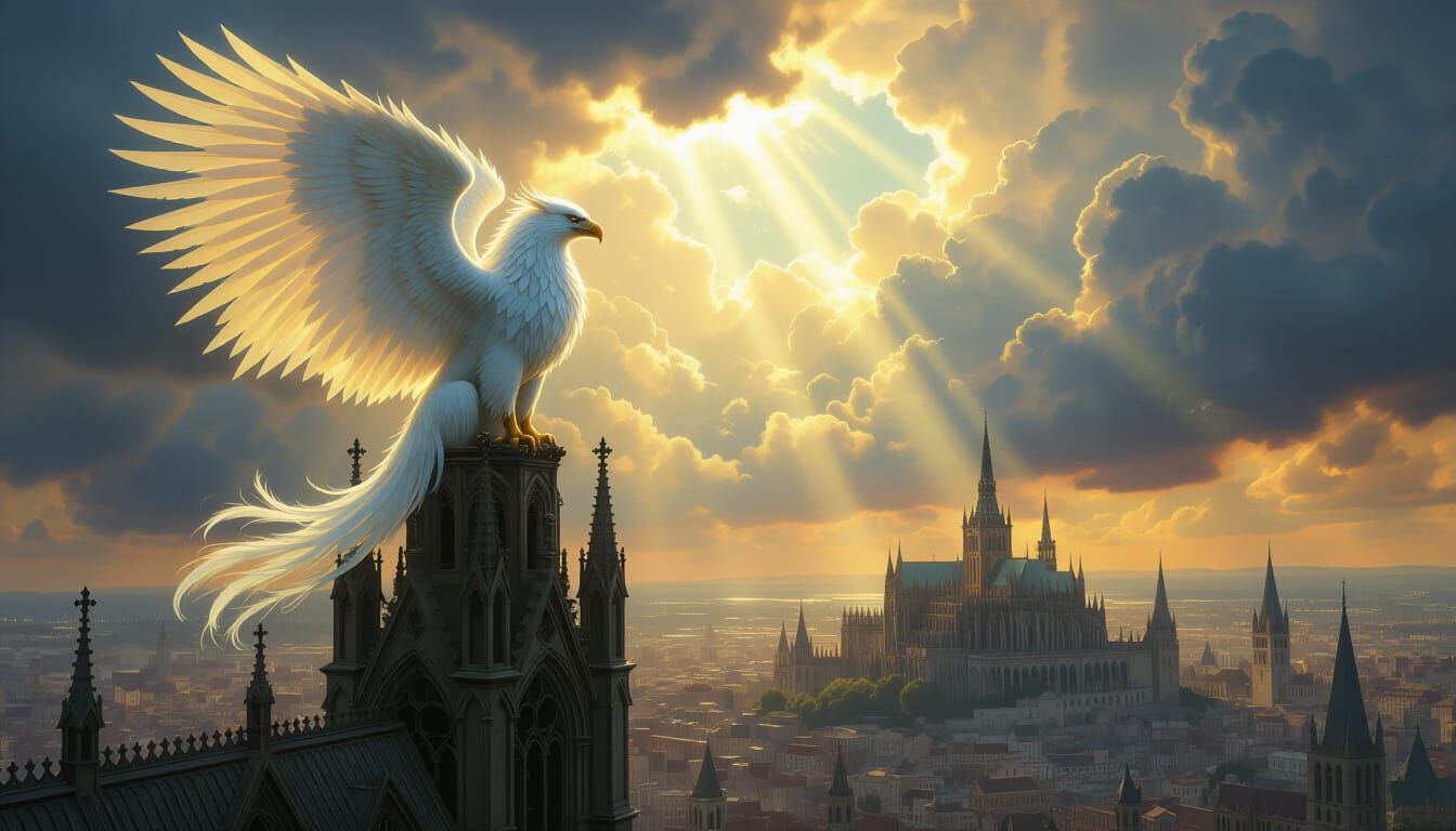 Majestic Griffin on Gothic Cathedral Spire Under Stormy Skie...