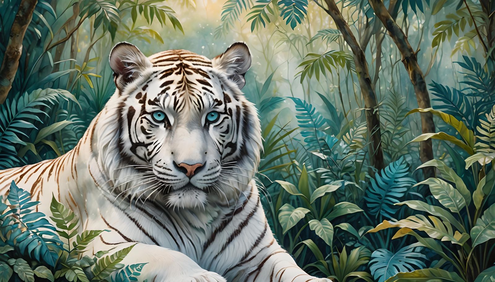 handsome white tiger with pale golden stripes in jungle