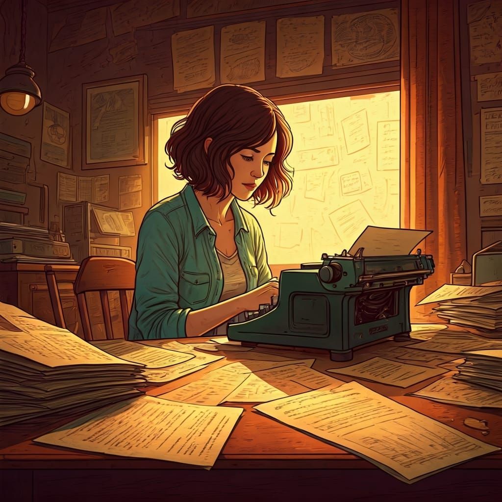 Woman at Typewriter in Digital Painting Style