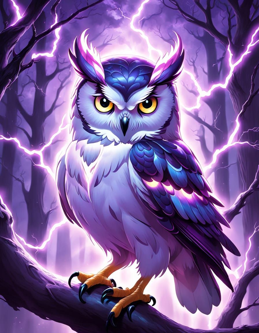 Vibrant Lucid Ominous Owl in Opalescent Lightning Art