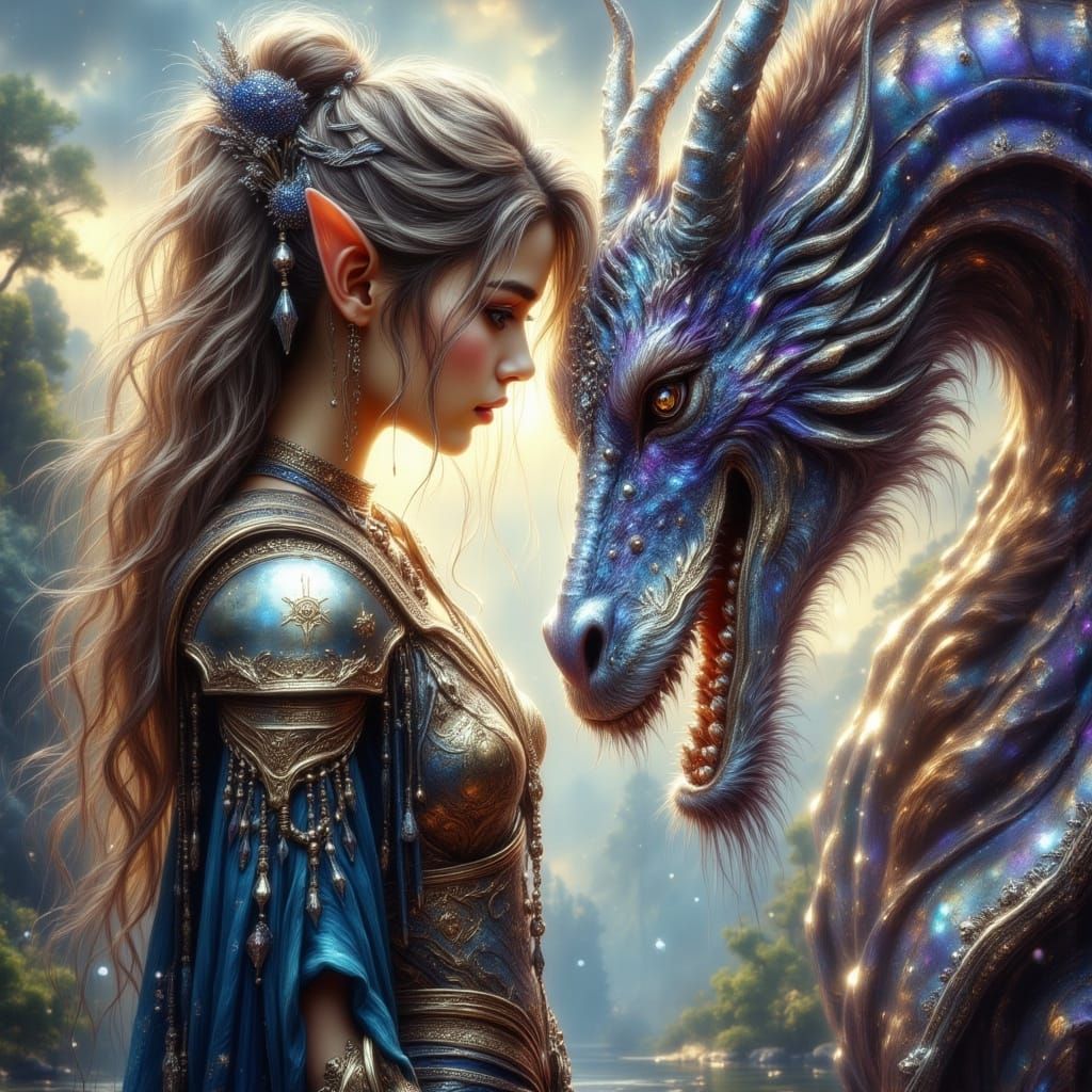 Elf Warrior and Dragon in Surreal Digital Art